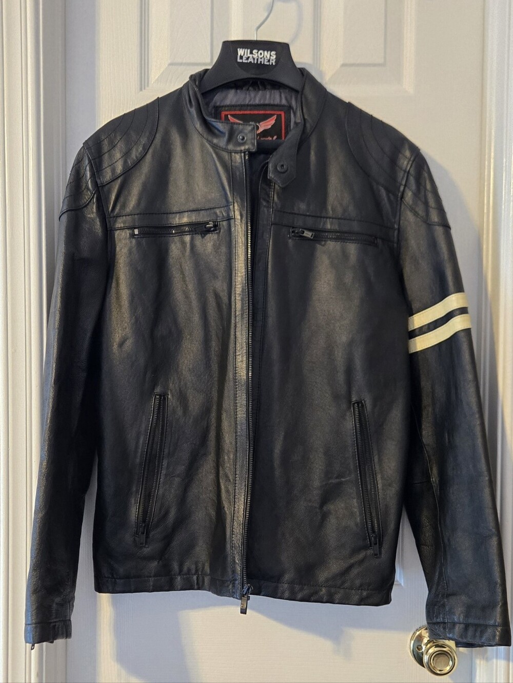 Wilsons Leather Black Leather Bomber Jacket with Cream Sleeve Stripes